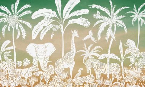 Palms, elephants, giraffes and other jungle animals massed into a tonal silhouette, layered from a darker sky down to a light forest floor. Printed in gentle green, with a softly coloured sky behind. Detailed up close, yet soft enough to sit quietly behind a cot.