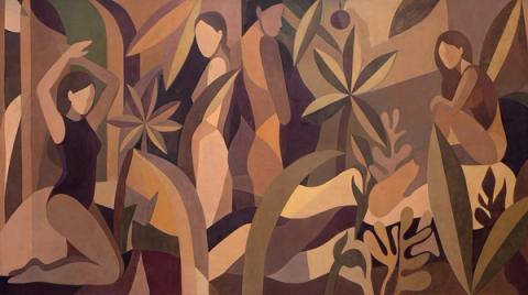 Reclining figures move between palms and tall leaves in soft plum, sand and olive. Quieter than the rest of the family, it carries a room without filling it.