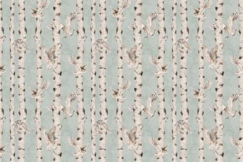 Slim birch trunks with owls and small woodland creatures nestled between them, here on a soft blue ground. As a true repeat it tiles to fit any wall, whether as an all-over nursery paper or a single feature panel.