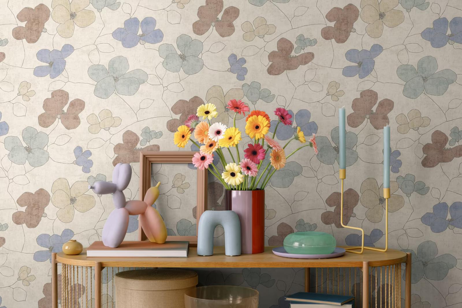 Nordic Feeling blossom wallpaper in a softly lit Bangkok living room