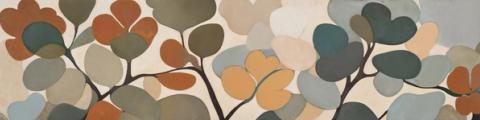 Rounded leaves branch across a pale ground in rust, sage and clay. Wide and low, it sits well above a sideboard or along a stairway.