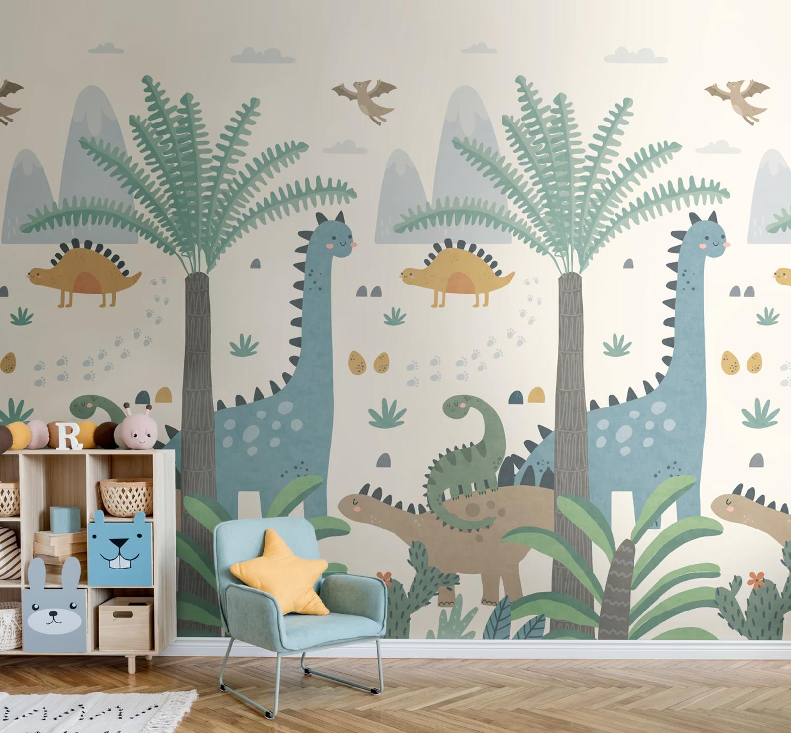 Dino Jungle wall panel in a child's room with a teal armchair