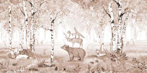The same bear-and-friends scene in warm brown tones, softer and cosier than the black and white. It has the feel of a well-loved storybook.