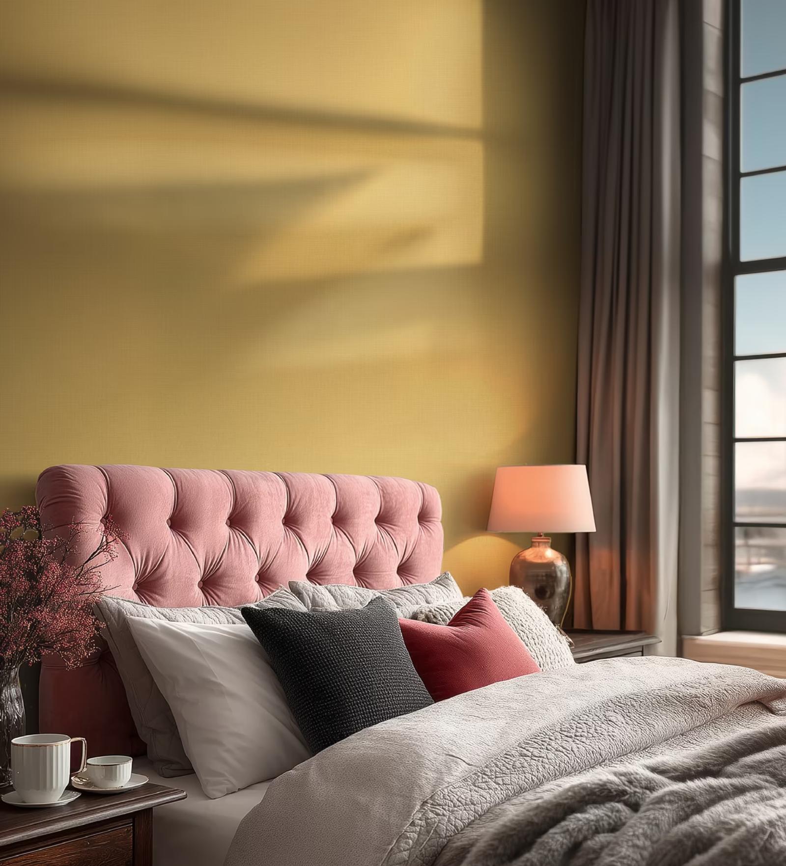 Mustard Linen plain wallpaper in a bedroom with a pink velvet headboard
