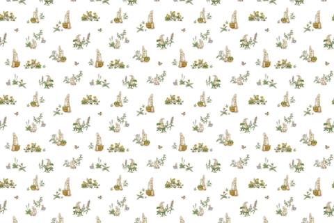 Rabbits among leaves and blossom in a soft design. As a true repeat it tiles to fit any wall, whether as an all-over nursery paper or a single feature panel.