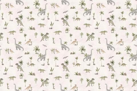 Friendly dinosaurs and little palms in a small, all-over repeat, here on a clean white ground. As a true repeat it tiles to fit any wall, whether as an all-over nursery paper or a single feature panel.