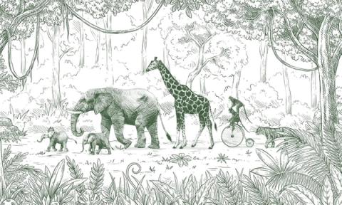 The engraved animal parade again, this time in soft forest green. Gentle and fresh, it keeps the vintage feel while sitting easily in a leafy nursery.
