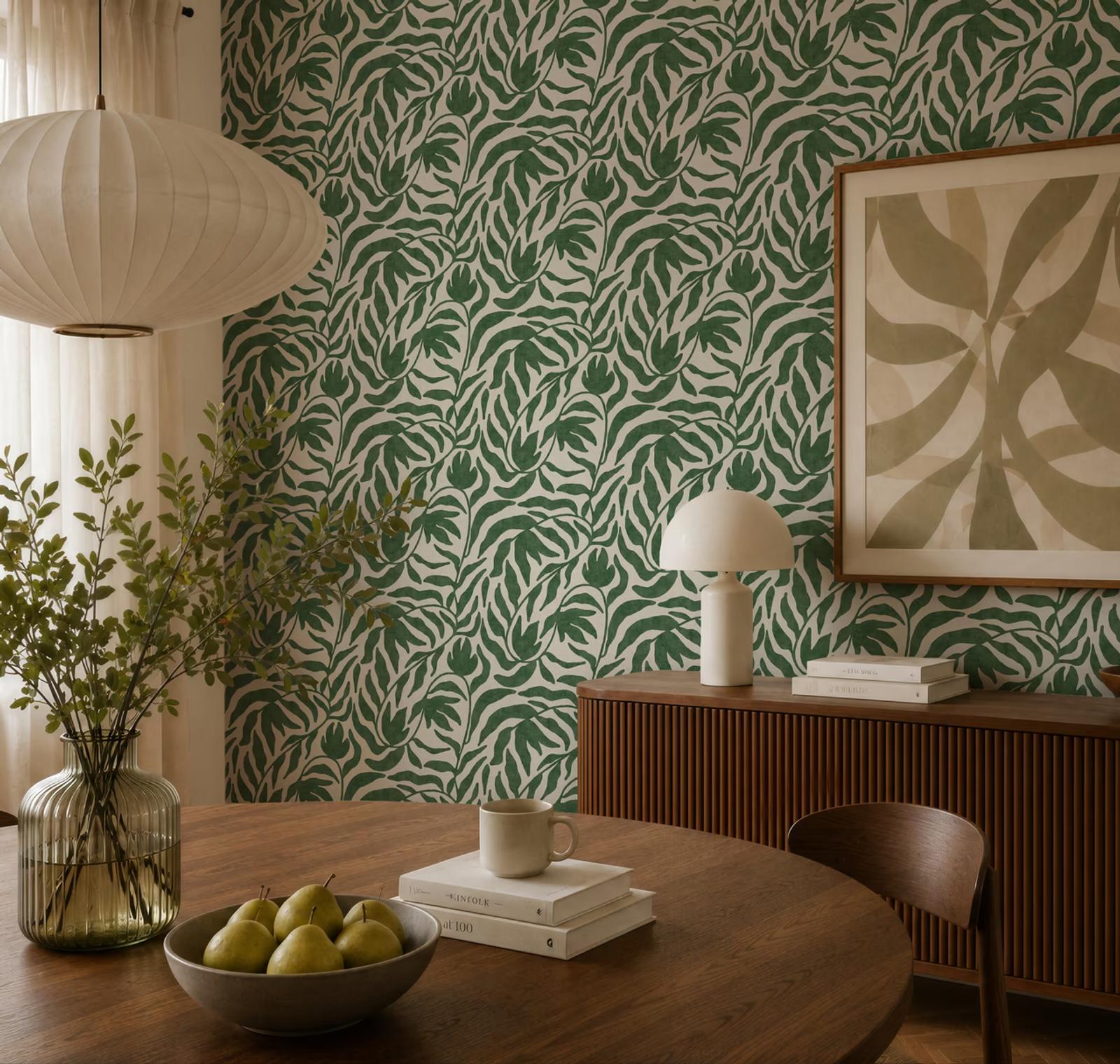 Forest Frond wallpaper behind a dining table with a paper lantern