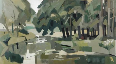Dark pines crowd the water's edge in olive, moss and near-black. The deepest and most enclosing of the six.