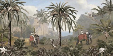 Palms and flowering shrubs frame a hillside town, with elephants and their riders crossing the foreground. Painted in the manner of a nineteenth-century travel plate — warm, detailed and a little sun-bleached.