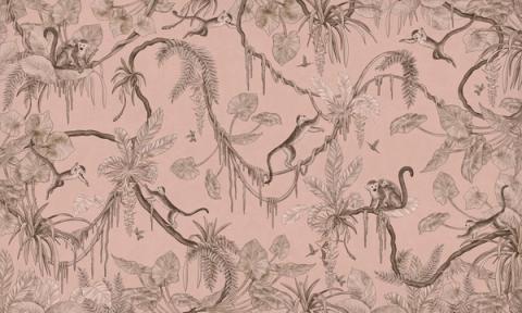 Monkeys swing through hanging vines and palm fronds in a lively all-over design, with flamingos and birds tucked among the leaves. Shown as a single-tone print in dusky pink. Busy in the best way, with something new to spot each time.