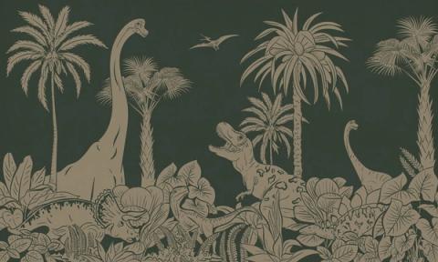 Long-necked dinosaurs wander among tall palms and ferns, drawn as a soft tonal silhouette that fades from a deeper sky into a paler foreground. Printed in a muted, vintage green. A calm, graphic take on a prehistoric world — grown-up enough to outlast the dinosaur years.