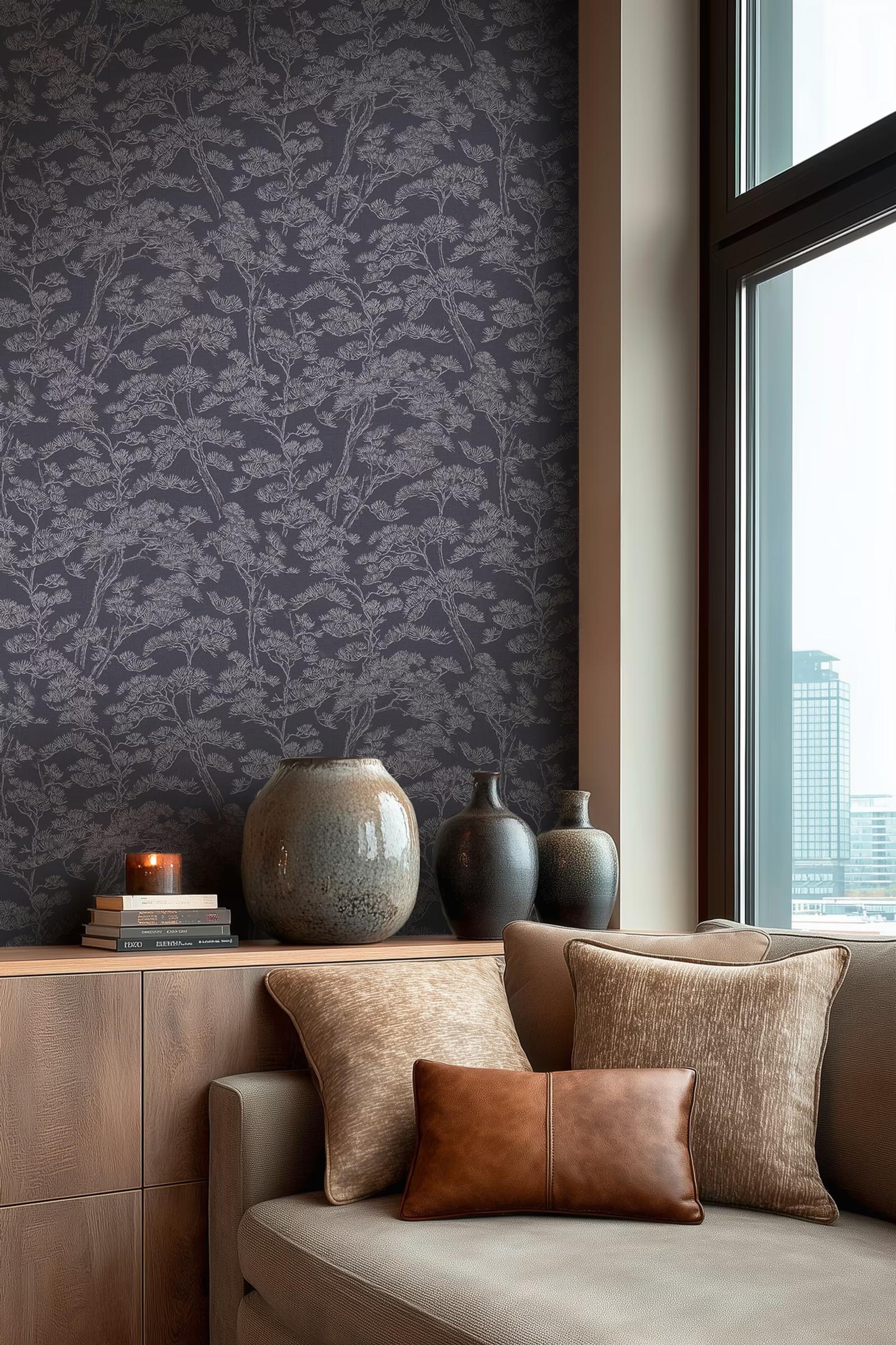 Midnight Pine wallpaper above a sideboard with ceramic vases