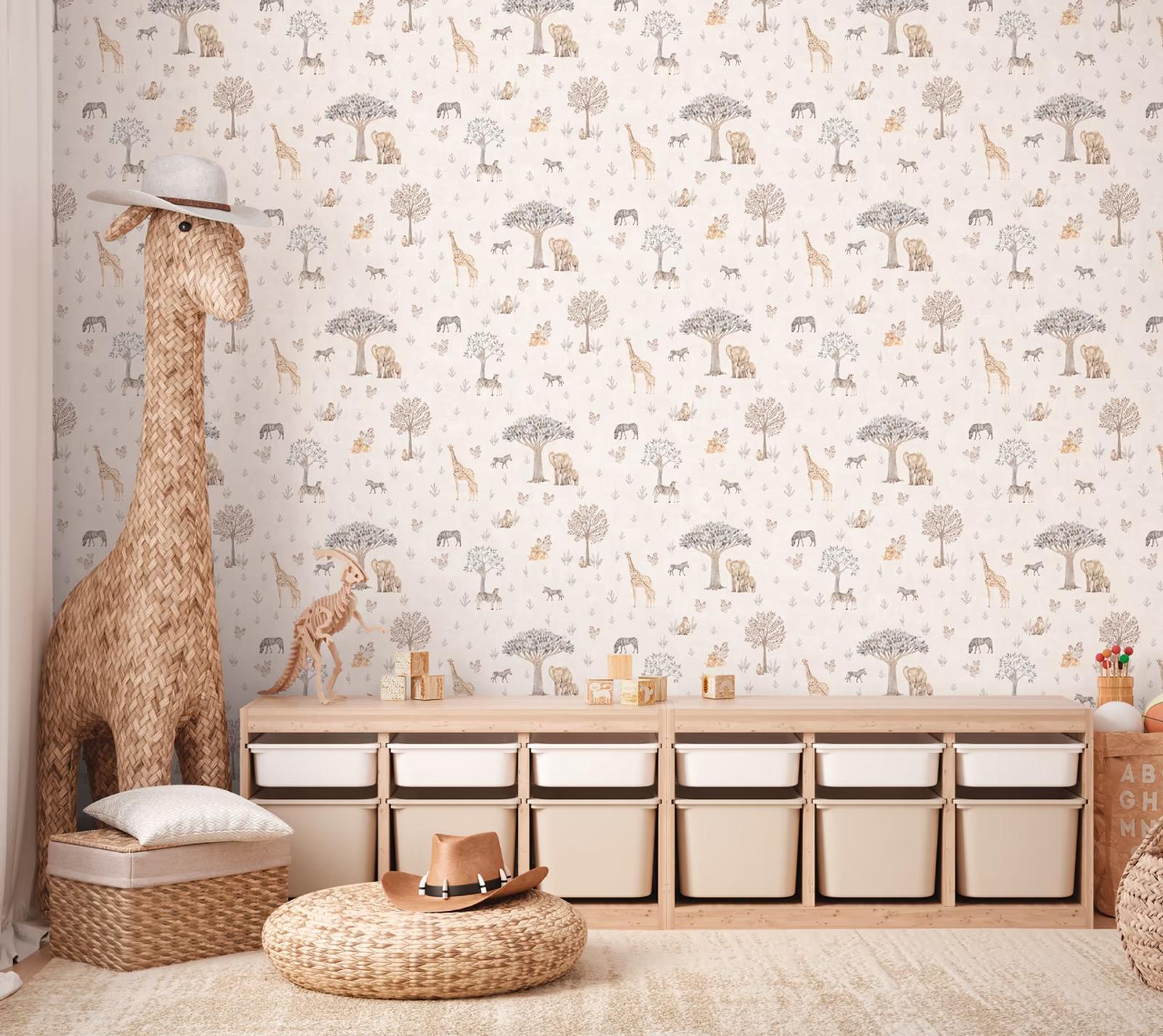 Lilly & Luis safari wallpaper in a child's bedroom