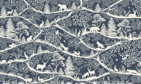 Deer, bears and foxes in fine silhouette along winding branches.