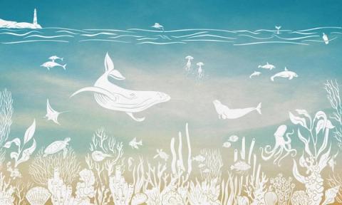 Whales, rays and little fish drift through a tonal underwater scene that lightens from the seabed up to the surface. Printed in soft blue, with brighter aqua water. Peaceful and dreamy, made for a room you want to feel still.