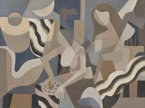 Figures and a low moon in smoke grey, indigo and sand, drawn with soft curves against hard edges. It reads well from across a large room.