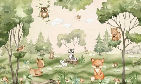 A fox, deer and owl in a soft green wood scattered with mushrooms.