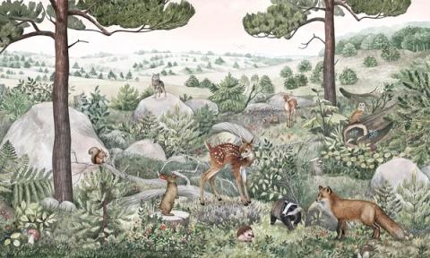 A rocky hillside dotted with deer, foxes and a badger among boulders and shrubs. Full of little scenes to find, in soft, natural greens.