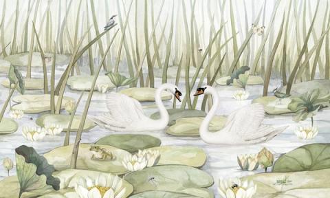 Two swans glide on a lily pond among tall reeds and water lilies. Serene and elegant, a still scene that quiets a room.