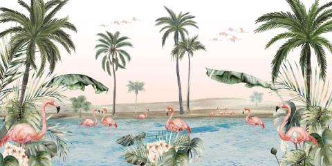 Flamingos wade in a lagoon among palms under a warm, golden sky. Soft and a little exotic, it gives a room a calm, sunset glow.