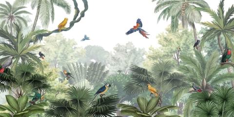 The jungle canopy in soft natural tones — muted greens and warm neutrals — with parrots among the fronds. Gentle enough to sit behind a cot yet full of life up close.