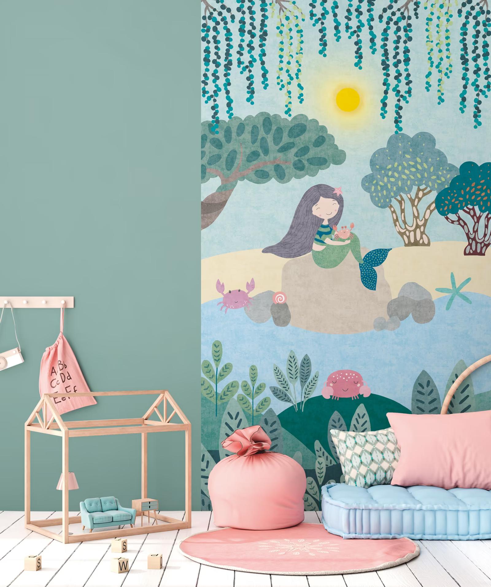Mermaid Lagoon wall panel above a pink floor cushion