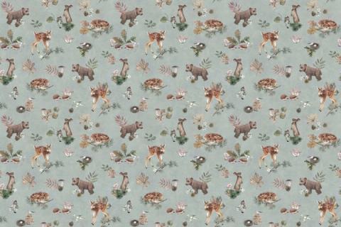 Woodland animals gathered under trees in a warm little scene, here on a soft blue ground. As a true repeat it tiles to fit any wall, whether as an all-over nursery paper or a single feature panel.