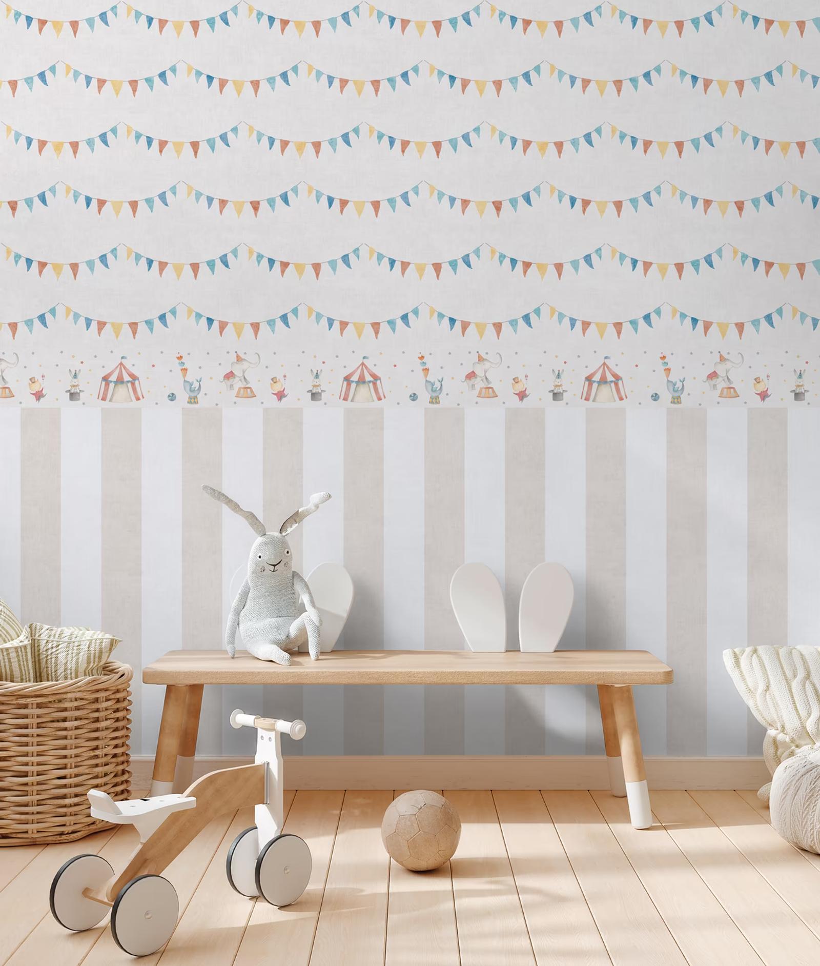 Bunting wallpaper over a striped dado with a bench and toy bike