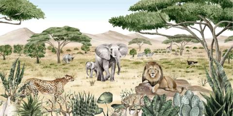 An open savannah vista with an elephant, a lion and a cheetah among acacia trees under a wide sky. Warm and spacious, it opens a room up.