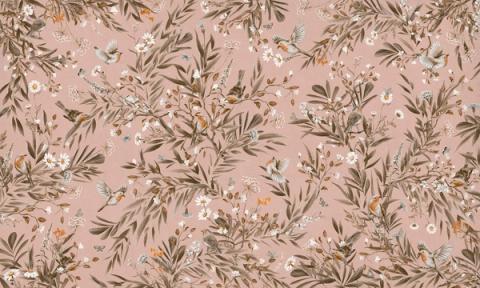 Robins and other small birds rest among ferns and slender foliage, drawn as a soft repeating spray. Shown in a softened vintage pink palette. Gentle and green, it suits a nursery that leans natural rather than bright.