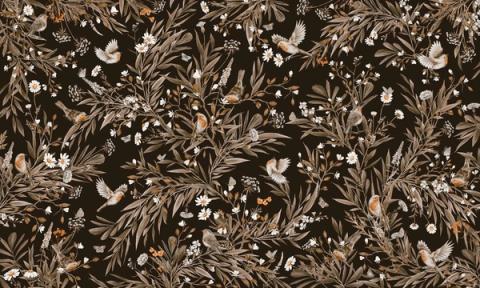 Robins and other small birds rest among ferns and slender foliage, drawn as a soft repeating spray. Shown in a softened vintage black palette. Gentle and green, it suits a nursery that leans natural rather than bright.
