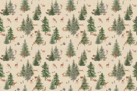 Rows of pine trees with deer and foxes between them, here on a sandy ground. As a true repeat it tiles to fit any wall, whether as an all-over nursery paper or a single feature panel.
