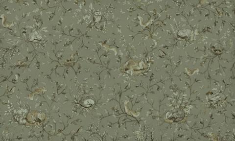 Woodland animals — rabbits, foxes and birds — dotted through leaves and berries in a fine all-over pattern. Shown as a single-tone print in sage green. Warm and storybook, it is a wall a child grows into.