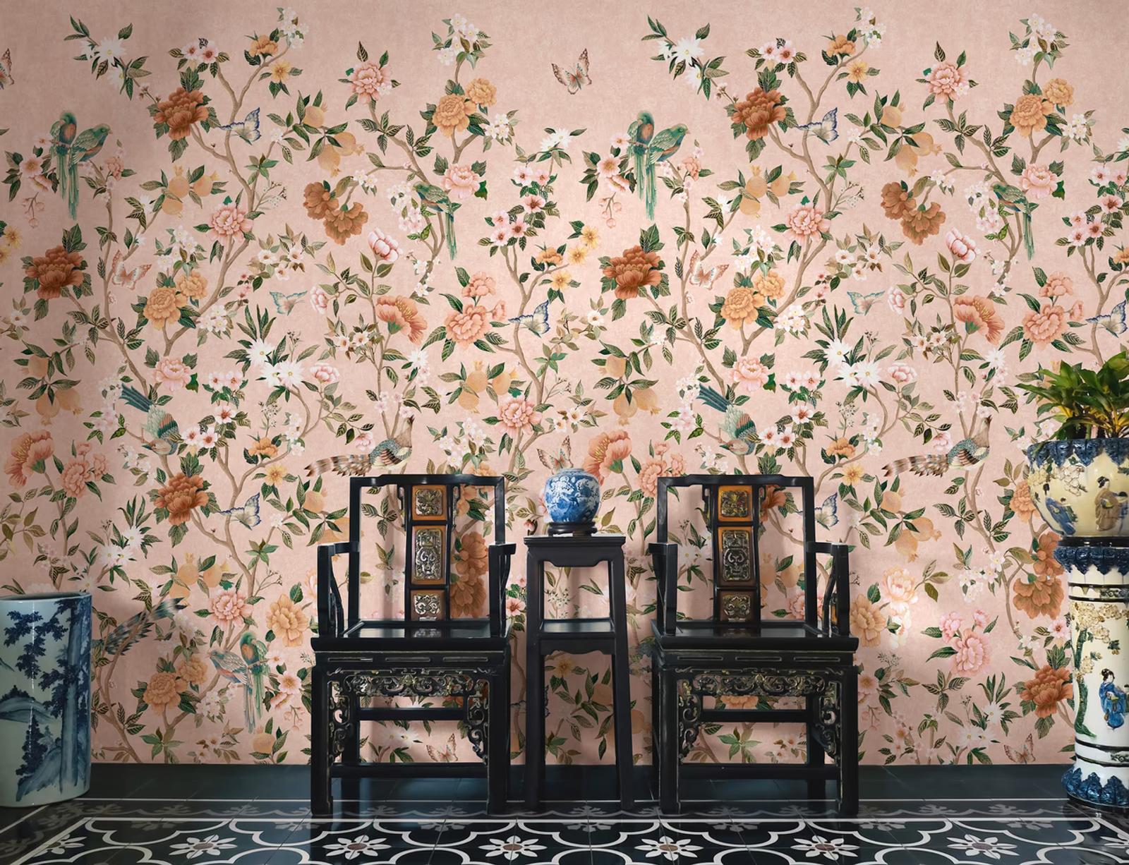 Imperial Gardens Pink wallpaper in a dining room with black lacquer chairs