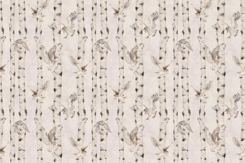 Slim birch trunks with owls and small woodland creatures nestled between them, here on a clean white ground. As a true repeat it tiles to fit any wall, whether as an all-over nursery paper or a single feature panel.