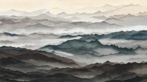 Layer upon layer of peaks in ink blue and grey, with white mist caught between them. The most dramatic of the range, and the coolest in tone.