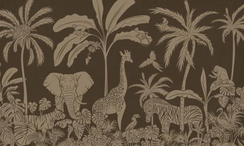 Palms, elephants, giraffes and other jungle animals massed into a tonal silhouette, layered from a darker sky down to a light forest floor. Printed in a muted, vintage brown. Detailed up close, yet soft enough to sit quietly behind a cot.