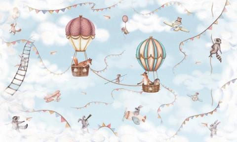 Balloons, biplanes and paper streamers drift past little animal aviators.