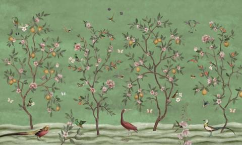 Slender lemon trees in blossom and fruit, with pheasants, hummingbirds and butterflies moving between them, on a deep sage ground. A chinoiserie panel in the old manner, hand-painted in feel.