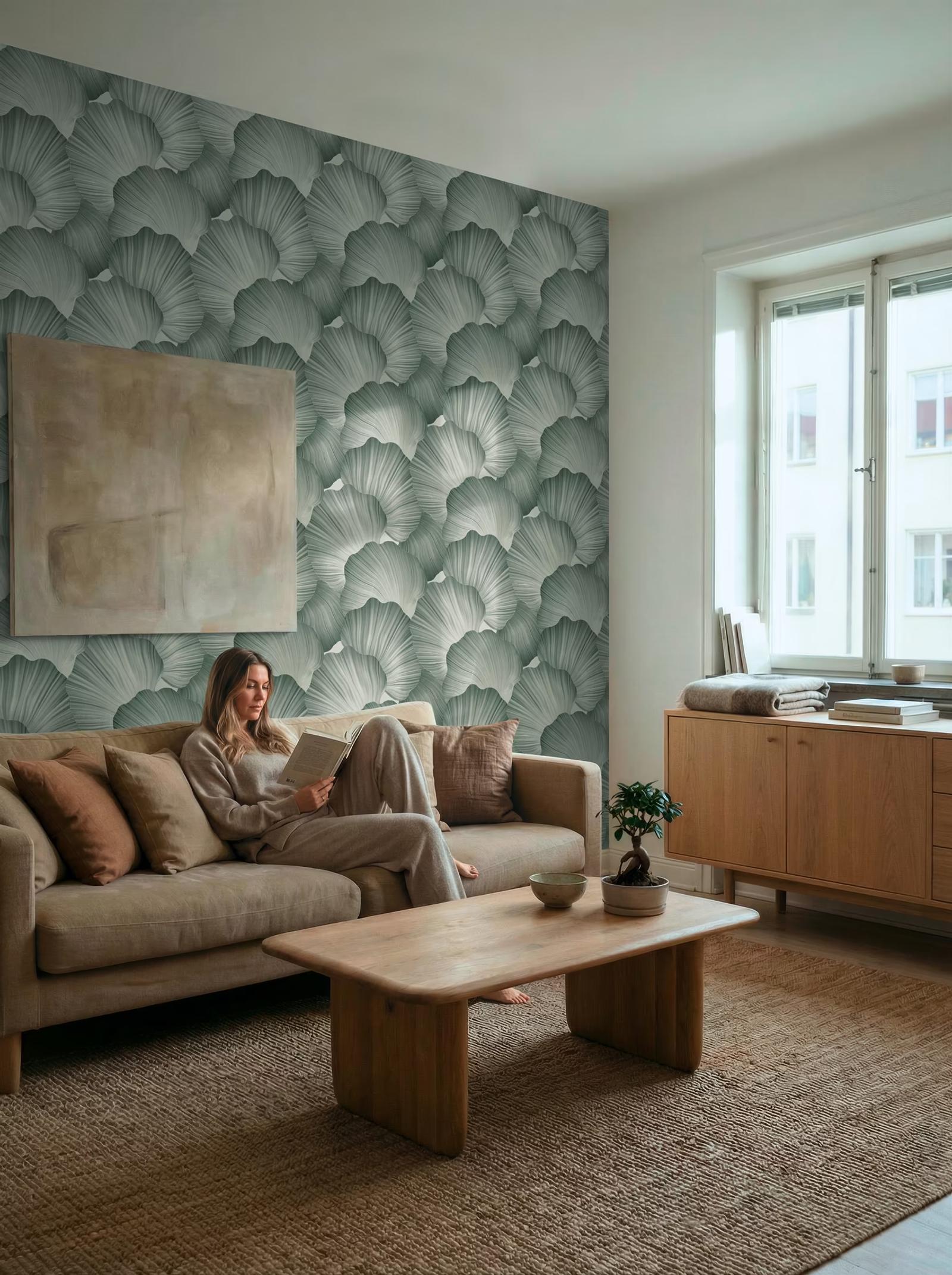 Green Leaves wallpaper in a living room with a linen sofa