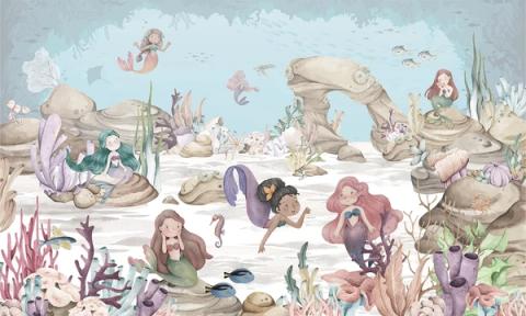 Mermaids rest among coral, shells and seahorses on a pale sandy seabed.