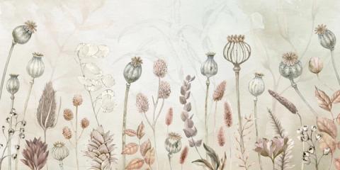 Poppy pods, seed heads and dried grasses drawn in rust, plum and faded green across a warm parchment ground. It is a quiet, sun-bleached study for a room that wants calm rather than colour.