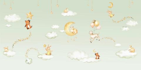 Sleeping bunnies, a lamb and a fox drift between clouds and trailing star garlands.