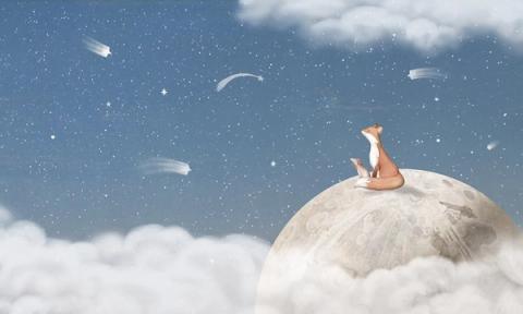 A fox sits on the moon above the clouds, watching the stars fall.