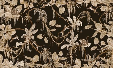 Monkeys swing through hanging vines and palm fronds in a lively all-over design, with flamingos and birds tucked among the leaves. Shown in a softened vintage black palette. Busy in the best way, with something new to spot each time.