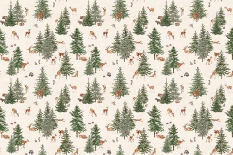 Rows of pine trees with deer and foxes between them, here on a clean white ground. As a true repeat it tiles to fit any wall, whether as an all-over nursery paper or a single feature panel.