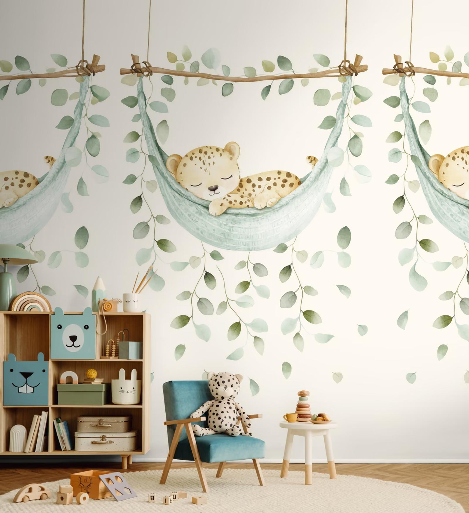 Hammock Leopard wall panel above a child's bookshelf
