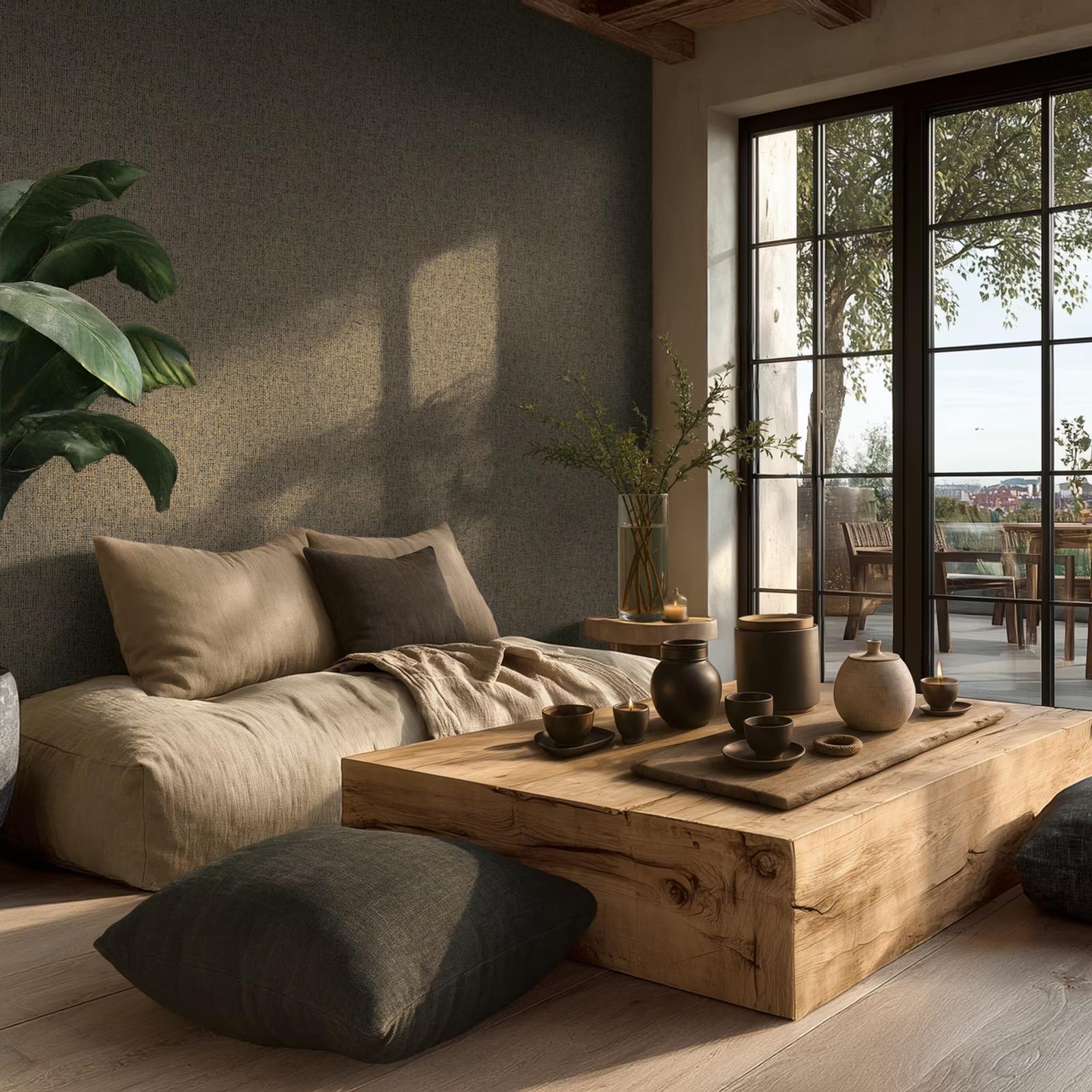Olive Tweed wallpaper in a living room with a low timber table