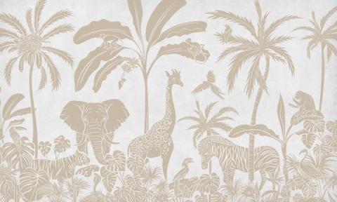 Palms, elephants, giraffes and other jungle animals massed into a tonal silhouette, layered from a darker sky down to a light forest floor. Printed in a muted, vintage white. Detailed up close, yet soft enough to sit quietly behind a cot.